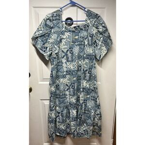 Vintage Hawaiian Togs Bark Cloth Dress Blue Luau Kaftan Muu Muu Tiered Aloha XL